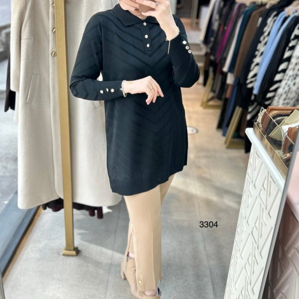 3304 V Desenli Düğme Detaylı Merserize Tunik - Görsel 11