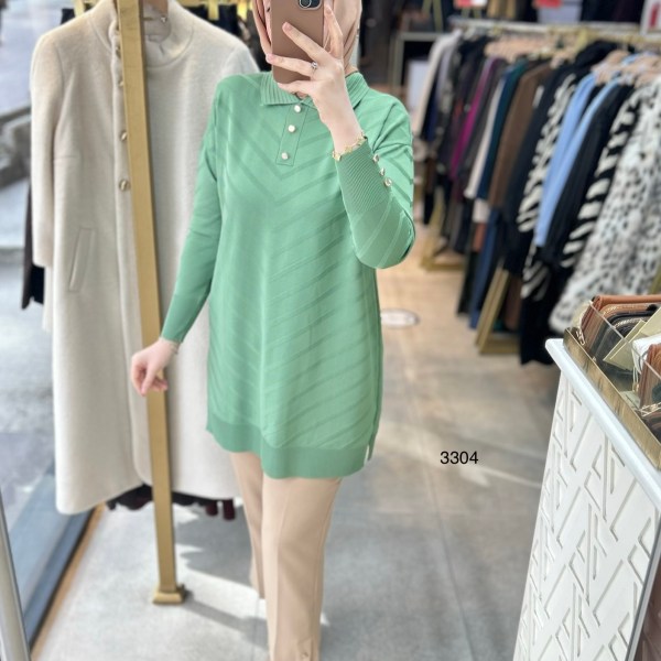 3304 V Desenli Düğme Detaylı Merserize Tunik - Görsel 13