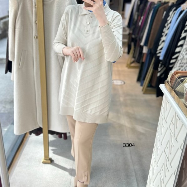 3304 V Desenli Düğme Detaylı Merserize Tunik - Görsel 19