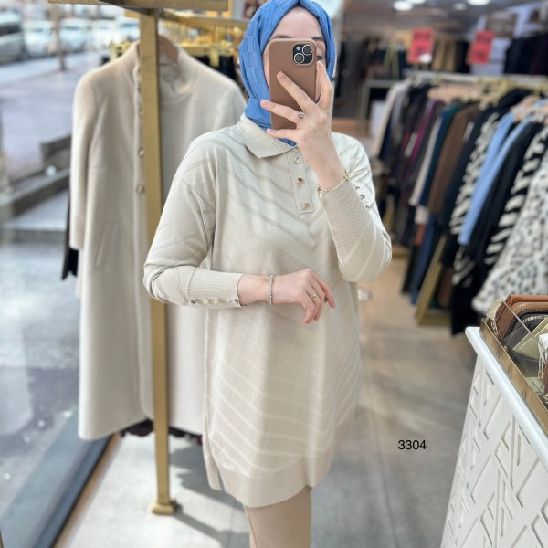 3304 V Desenli Düğme Detaylı Merserize Tunik - Görsel 15