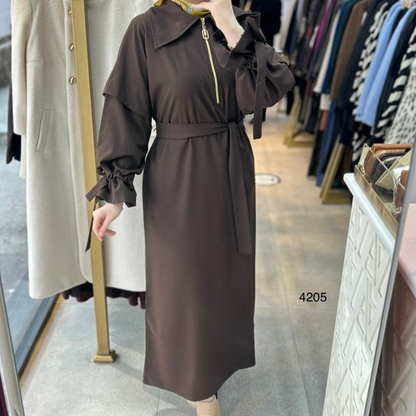 4205 Gömlek Yaka Kemerli Elbise - Görsel 1