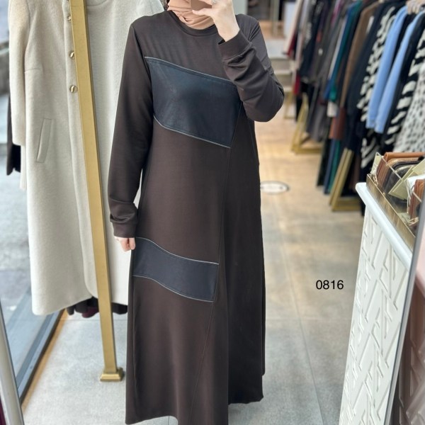 0816 Deri Detay Görünümlü Elbise - Görsel 18