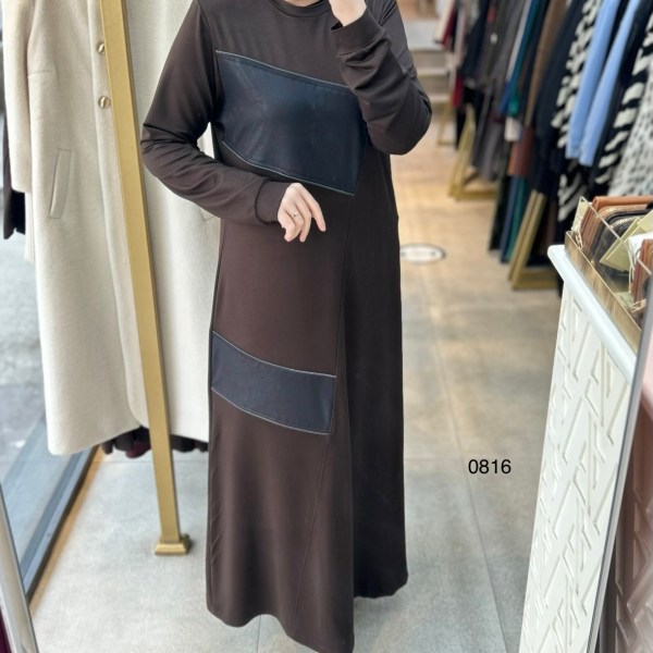 0816 Deri Detay Görünümlü Elbise - Görsel 14