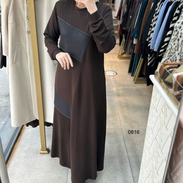 0816 Deri Detay Görünümlü Elbise - Görsel 17