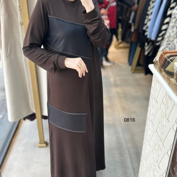 0816 Deri Detay Görünümlü Elbise - Görsel 11