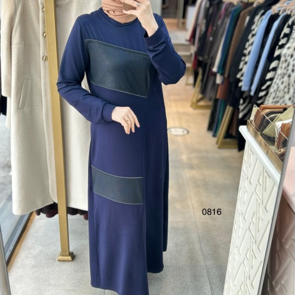 0816 Deri Detay Görünümlü Elbise - Görsel 23