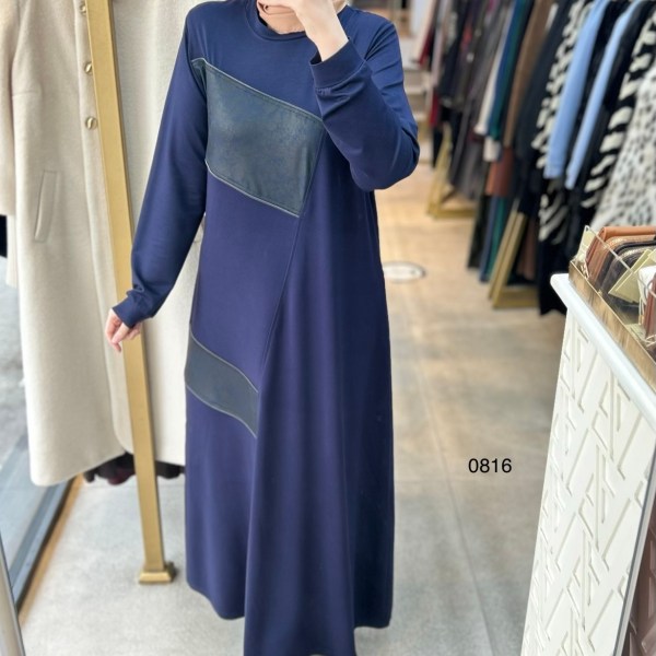 0816 Deri Detay Görünümlü Elbise - Görsel 8