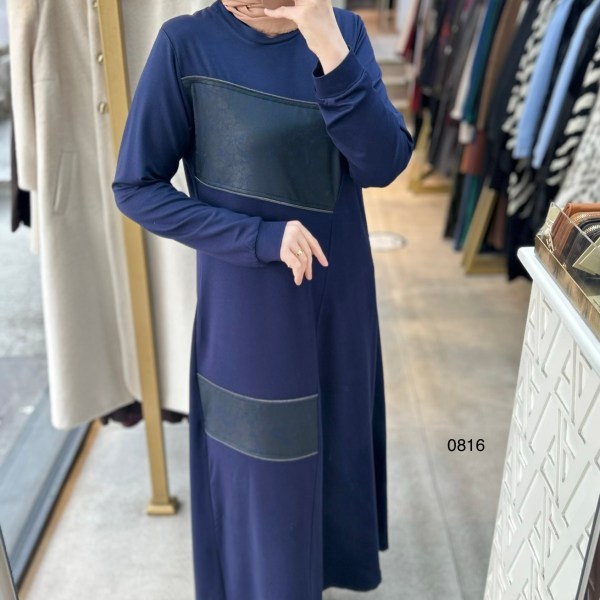 0816 Deri Detay Görünümlü Elbise - Görsel 7