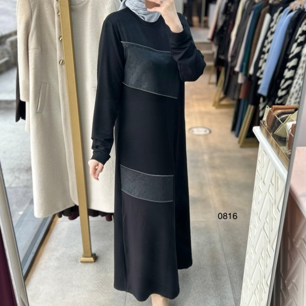 0816 Deri Detay Görünümlü Elbise - Görsel 4