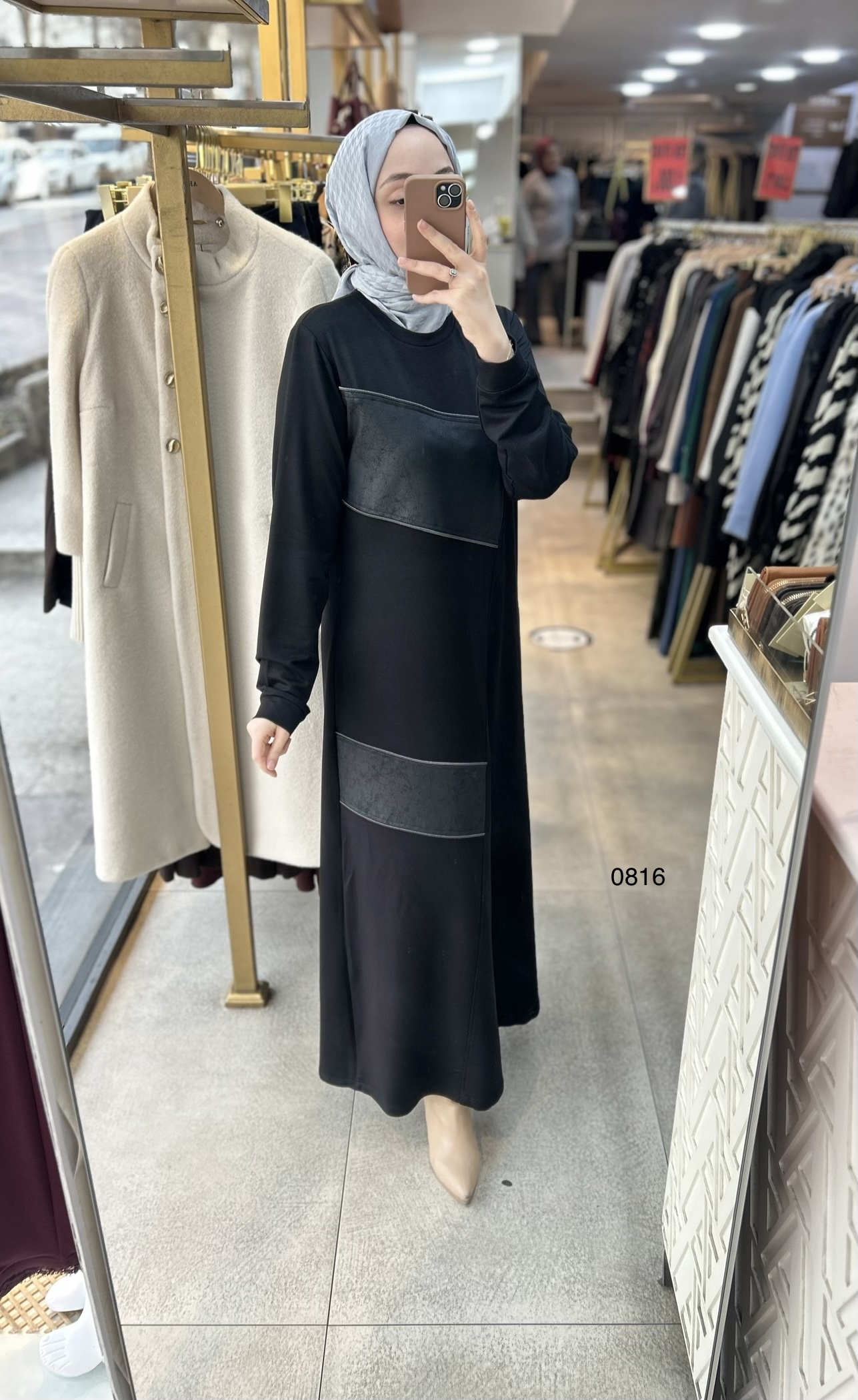 0816 Deri Detay Görünümlü Elbise