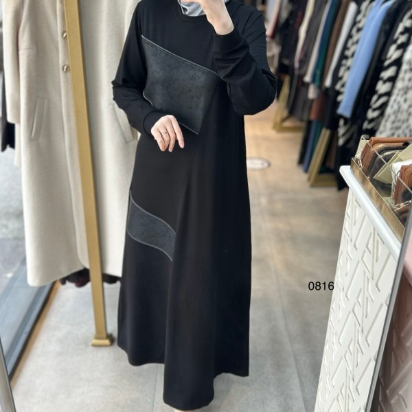 0816 Deri Detay Görünümlü Elbise - Görsel 1