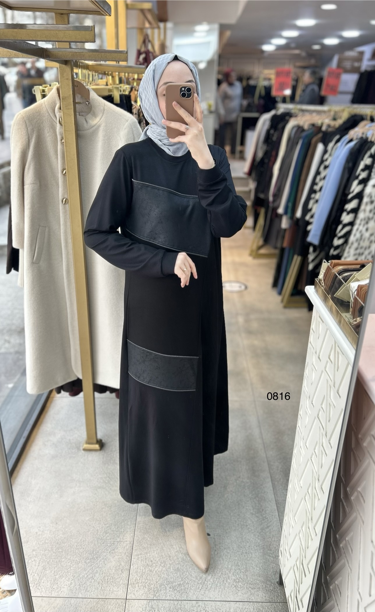 0816 Deri Detay Görünümlü Elbise