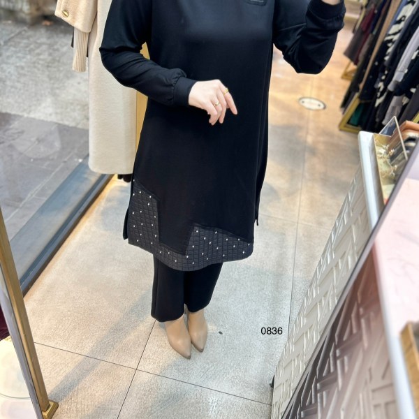 0836 Kapitone ve Taş Detaylı Takım - Görsel 3