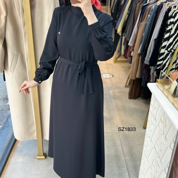 SZ1833 Yüksek Yaka Kemerli Elbise - Görsel 10