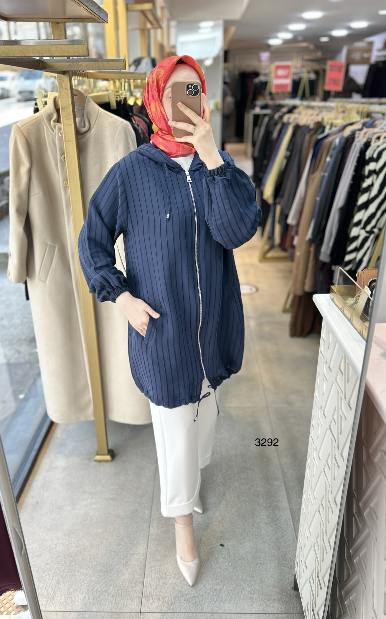 3292 Çizgi Desen Fermuarlı Kap