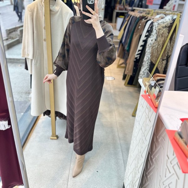 25212 Kolları Cupra Detaylı Zikzak Desenli Merserize Elbise - Görsel 3