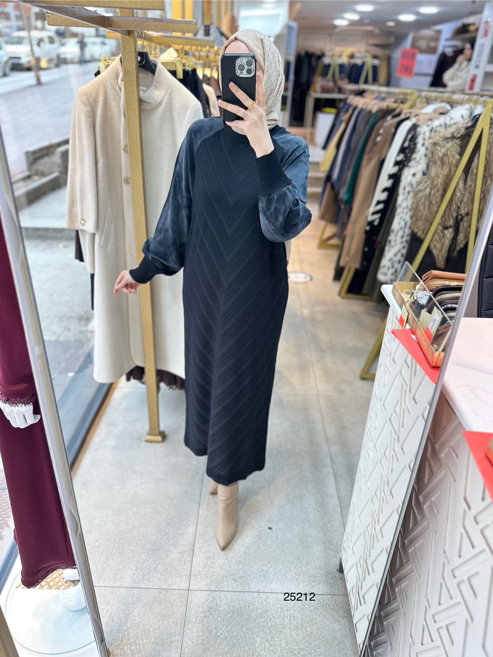 25212 Kolları Cupra Detaylı Zikzak Desenli Merserize Elbise - Görsel 2