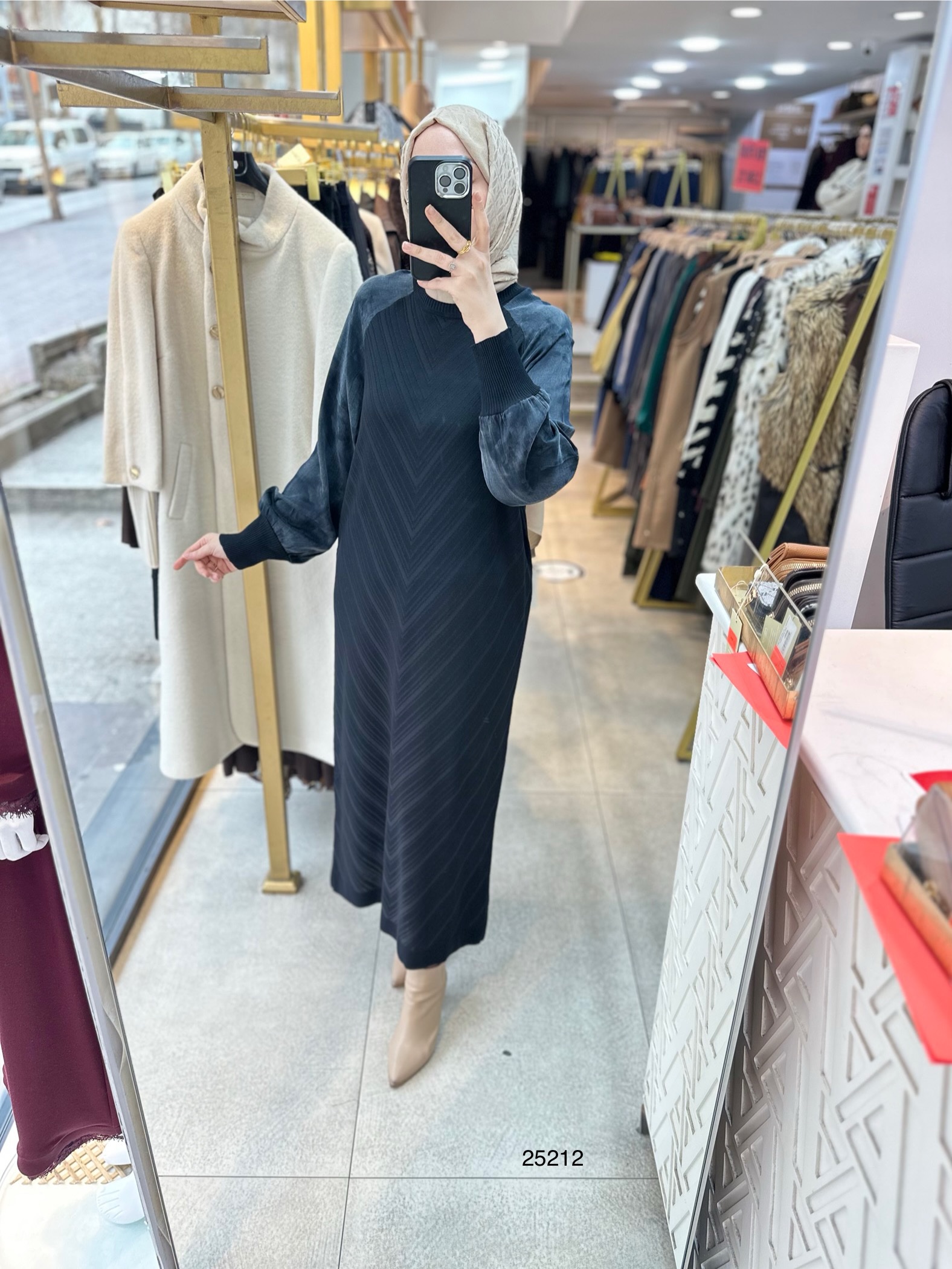 25212 Kolları Cupra Detaylı Zikzak Desenli Merserize Elbise - Görsel 1