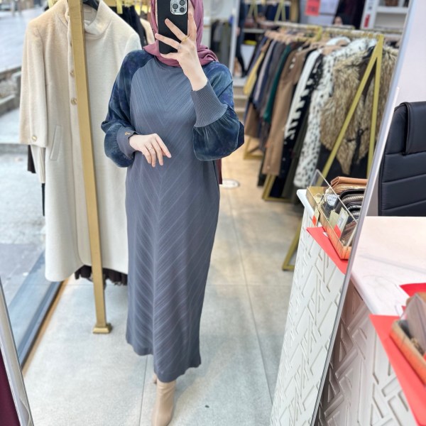 25212 Kolları Cupra Detaylı Zikzak Desenli Merserize Elbise - Görsel 6