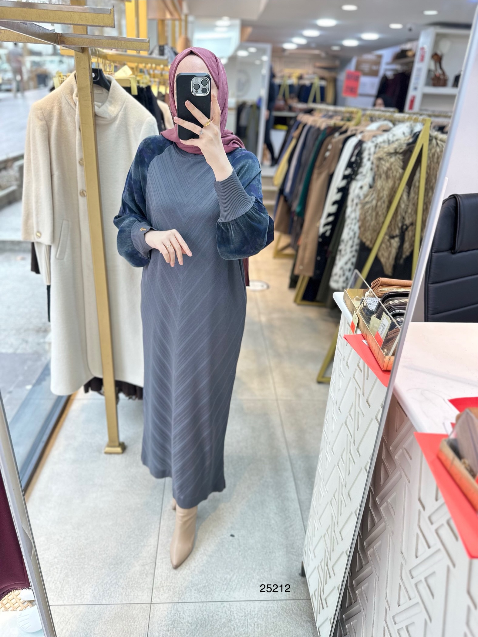 25212 Kolları Cupra Detaylı Zikzak Desenli Merserize Elbise - Görsel 6