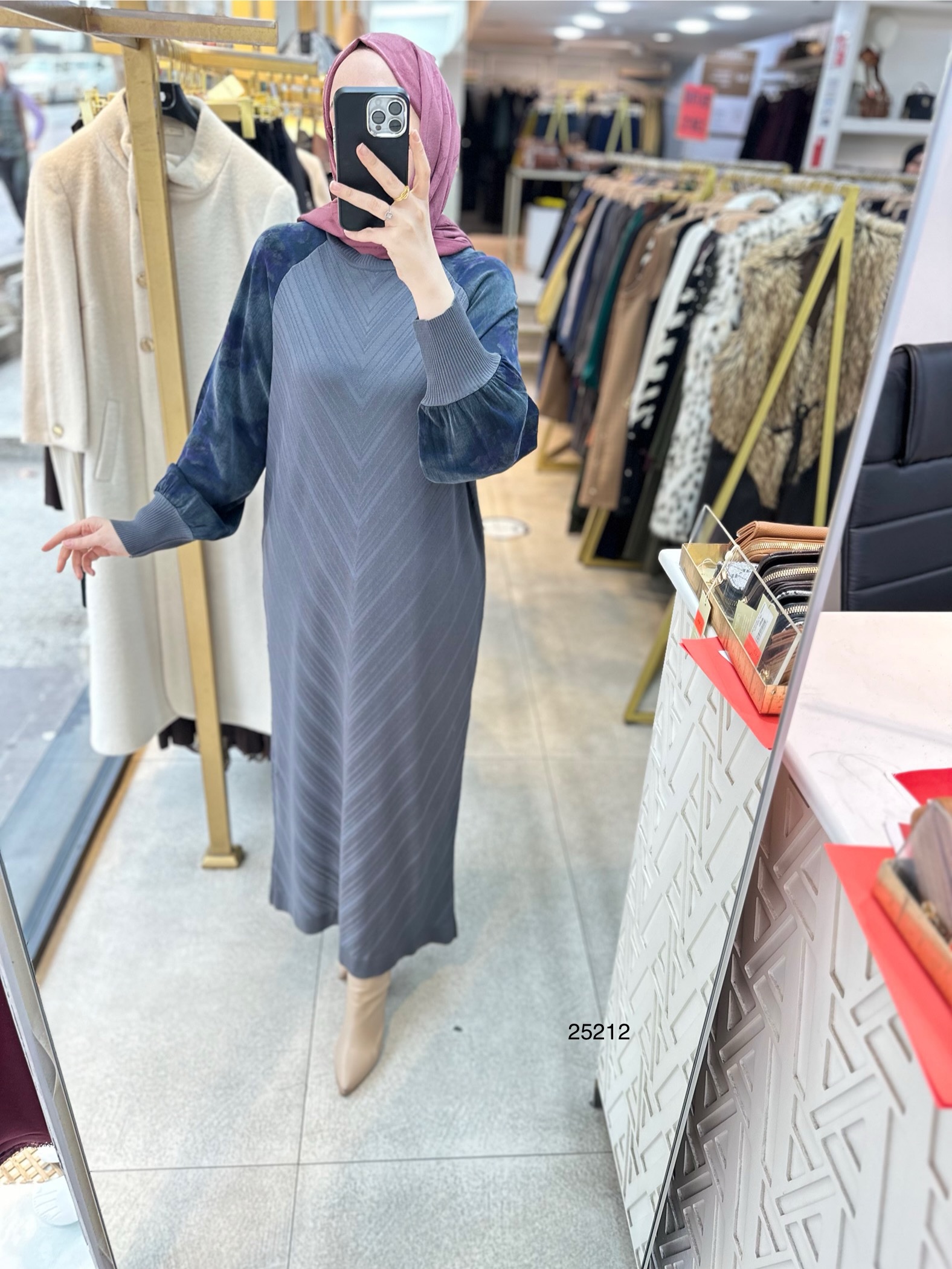 25212 Kolları Cupra Detaylı Zikzak Desenli Merserize Elbise - Görsel 8