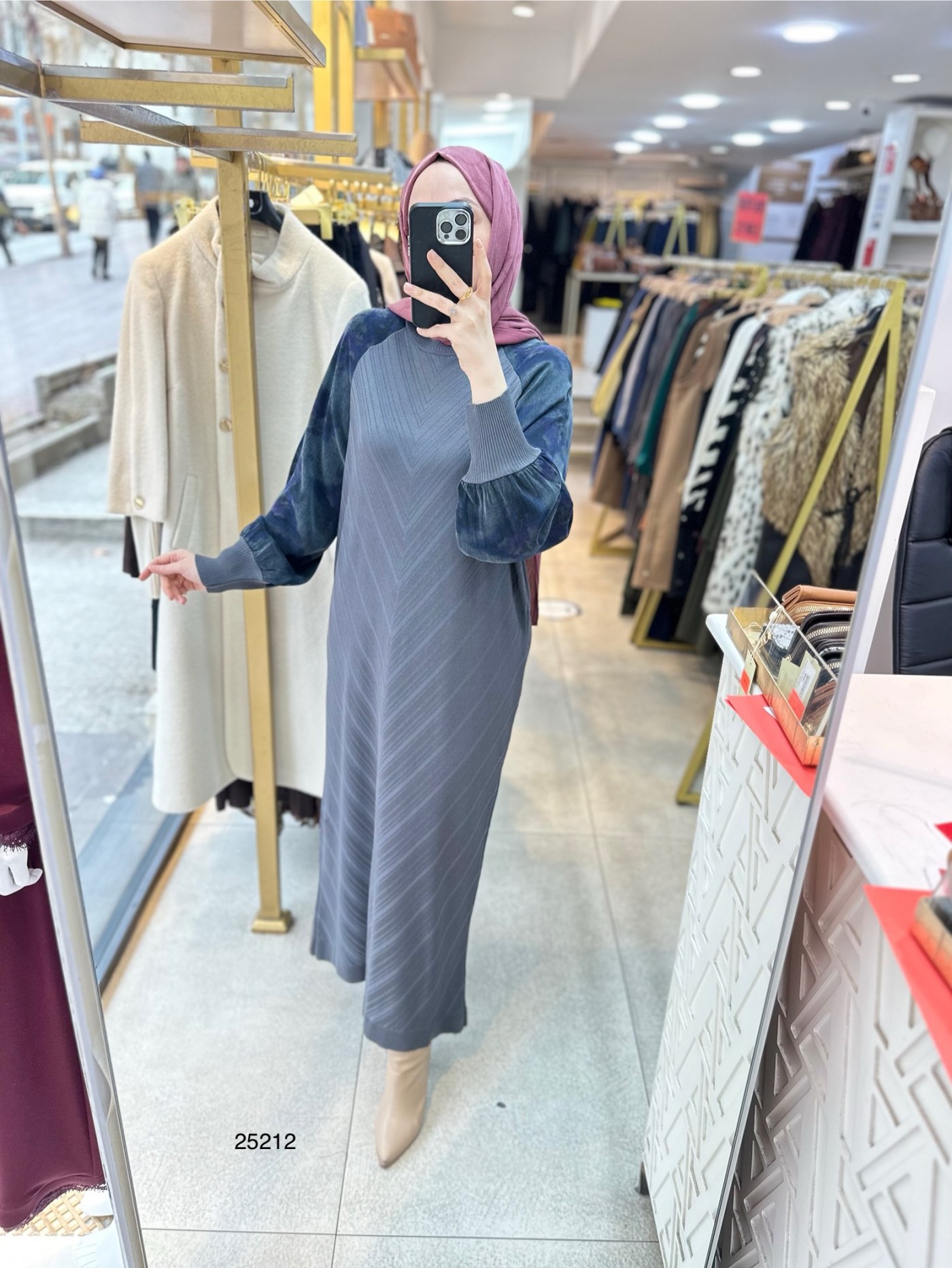 25212 Kolları Cupra Detaylı Zikzak Desenli Merserize Elbise