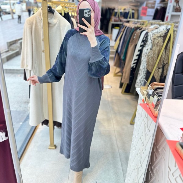 25212 Kolları Cupra Detaylı Zikzak Desenli Merserize Elbise - Görsel 7