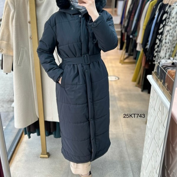 25KT743 Boydan Fermuarlı Aller Detaylı Kemerli Kapüşonu Kürklü Mont - Görsel 9