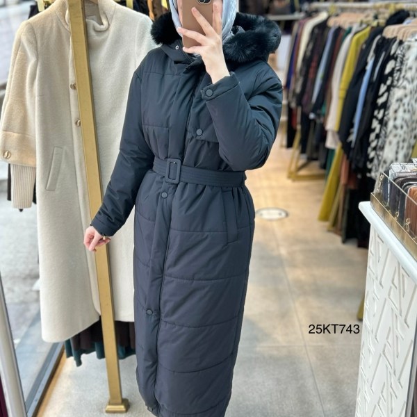 25KT743 Boydan Fermuarlı Aller Detaylı Kemerli Kapüşonu Kürklü Mont - Görsel 7