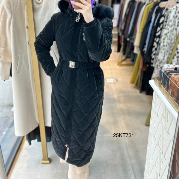 25KT731 Çıkarılabilir Kapüşonlu Kolları Lastikli Fermuar Detaylı Kemerli Kapitone Mont - Görsel 10