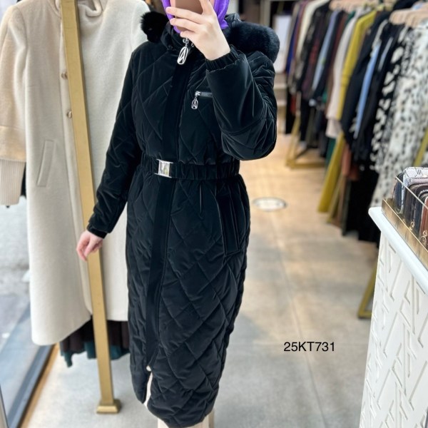 25KT731 Çıkarılabilir Kapüşonlu Kolları Lastikli Fermuar Detaylı Kemerli Kapitone Mont - Görsel 12