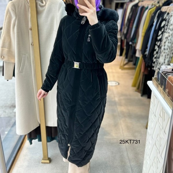 25KT731 Çıkarılabilir Kapüşonlu Kolları Lastikli Fermuar Detaylı Kemerli Kapitone Mont - Görsel 13