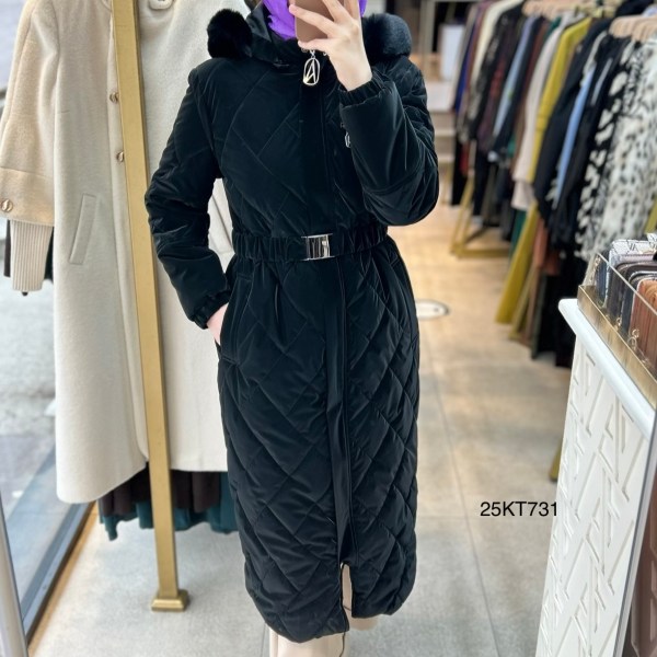 25KT731 Çıkarılabilir Kapüşonlu Kolları Lastikli Fermuar Detaylı Kemerli Kapitone Mont - Görsel 11