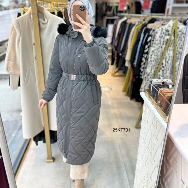 25KT731 Çıkarılabilir Kapüşonlu Kolları Lastikli Fermuar Detaylı Kemerli Kapitone Mont - Görsel 1