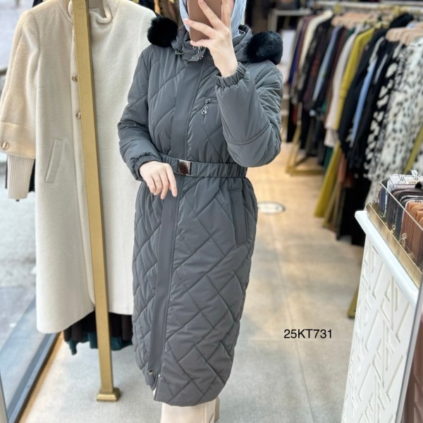 25KT731 Çıkarılabilir Kapüşonlu Kolları Lastikli Fermuar Detaylı Kemerli Kapitone Mont - Görsel 2