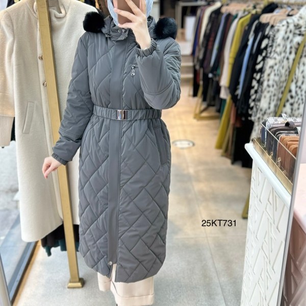 25KT731 Çıkarılabilir Kapüşonlu Kolları Lastikli Fermuar Detaylı Kemerli Kapitone Mont - Görsel 3