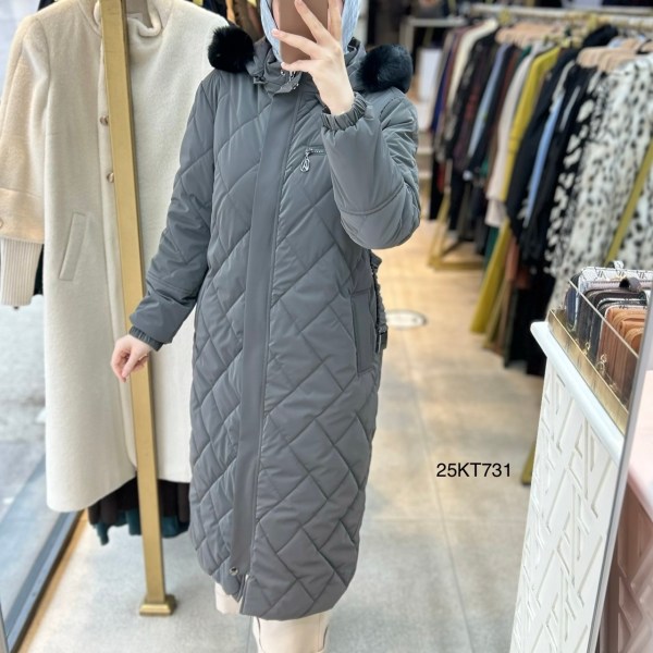 25KT731 Çıkarılabilir Kapüşonlu Kolları Lastikli Fermuar Detaylı Kemerli Kapitone Mont - Görsel 4