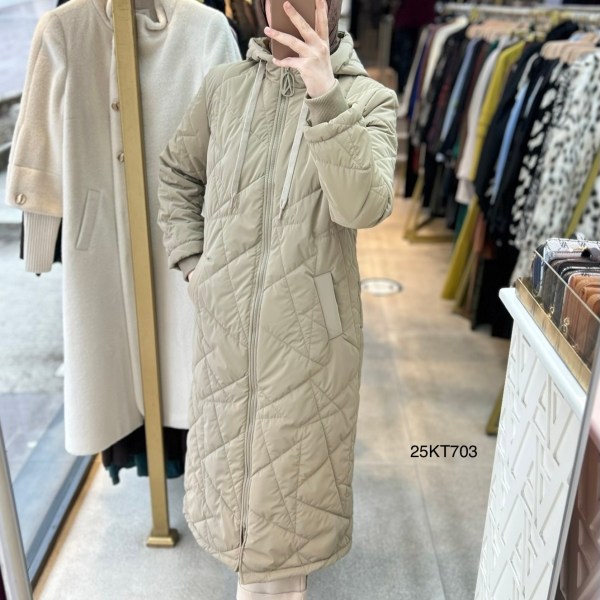 25KT703 Boydan Fermuarlı Cepli Kapüşonlu Kapitone Mont - Görsel 3