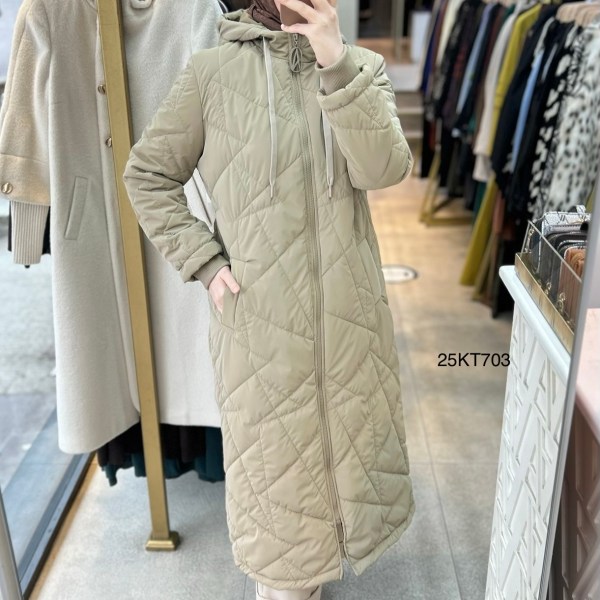 25KT703 Boydan Fermuarlı Cepli Kapüşonlu Kapitone Mont - Görsel 1