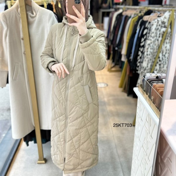 25KT703 Boydan Fermuarlı Cepli Kapüşonlu Kapitone Mont - Görsel 2