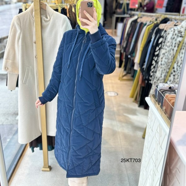 25KT703 Boydan Fermuarlı Cepli Kapüşonlu Kapitone Mont - Görsel 11