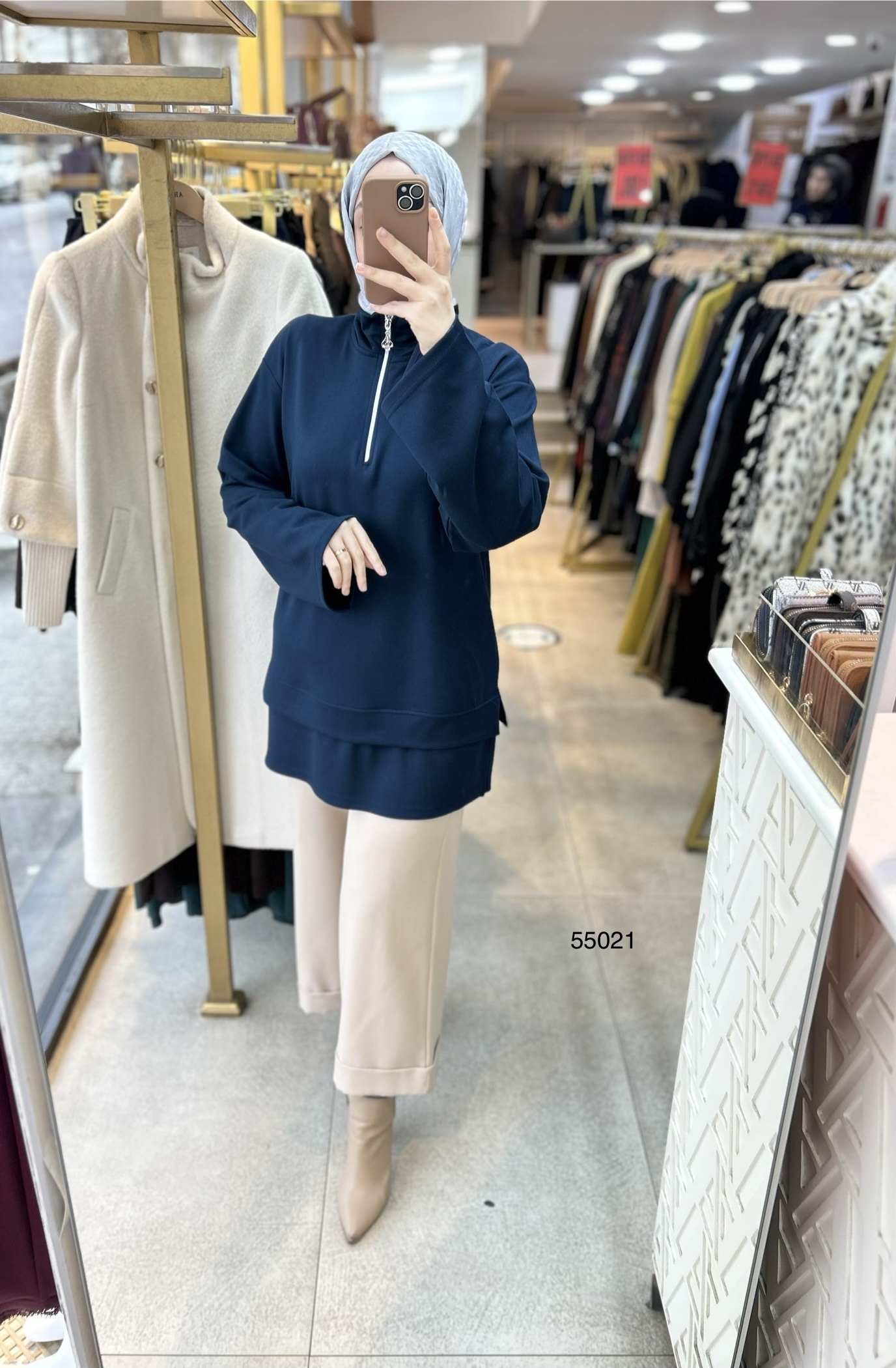 55021 Yarasa Kol Fermuar Detaylı Tunik