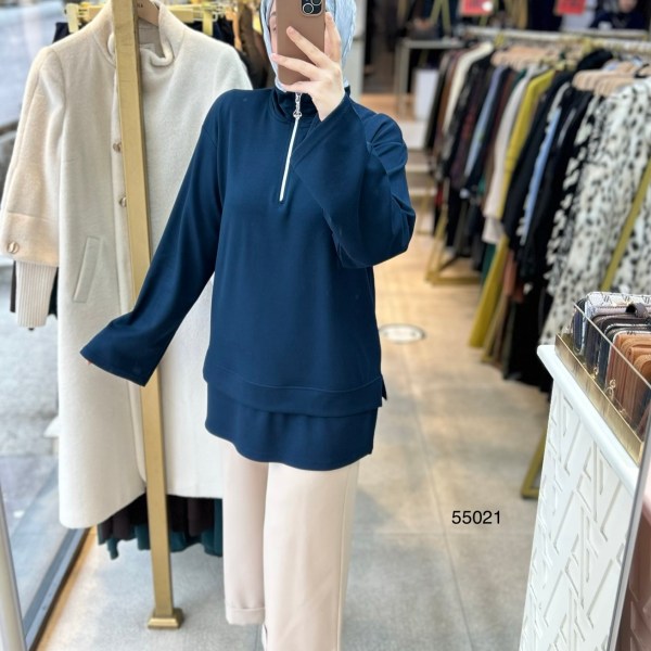 55021 Yarasa Kol Fermuar Detaylı Tunik - Görsel 5