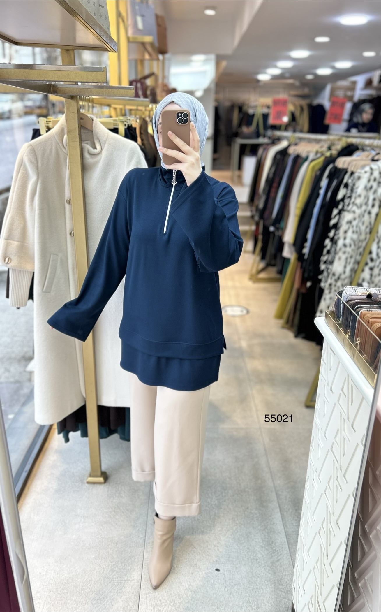 55021 Yarasa Kol Fermuar Detaylı Tunik