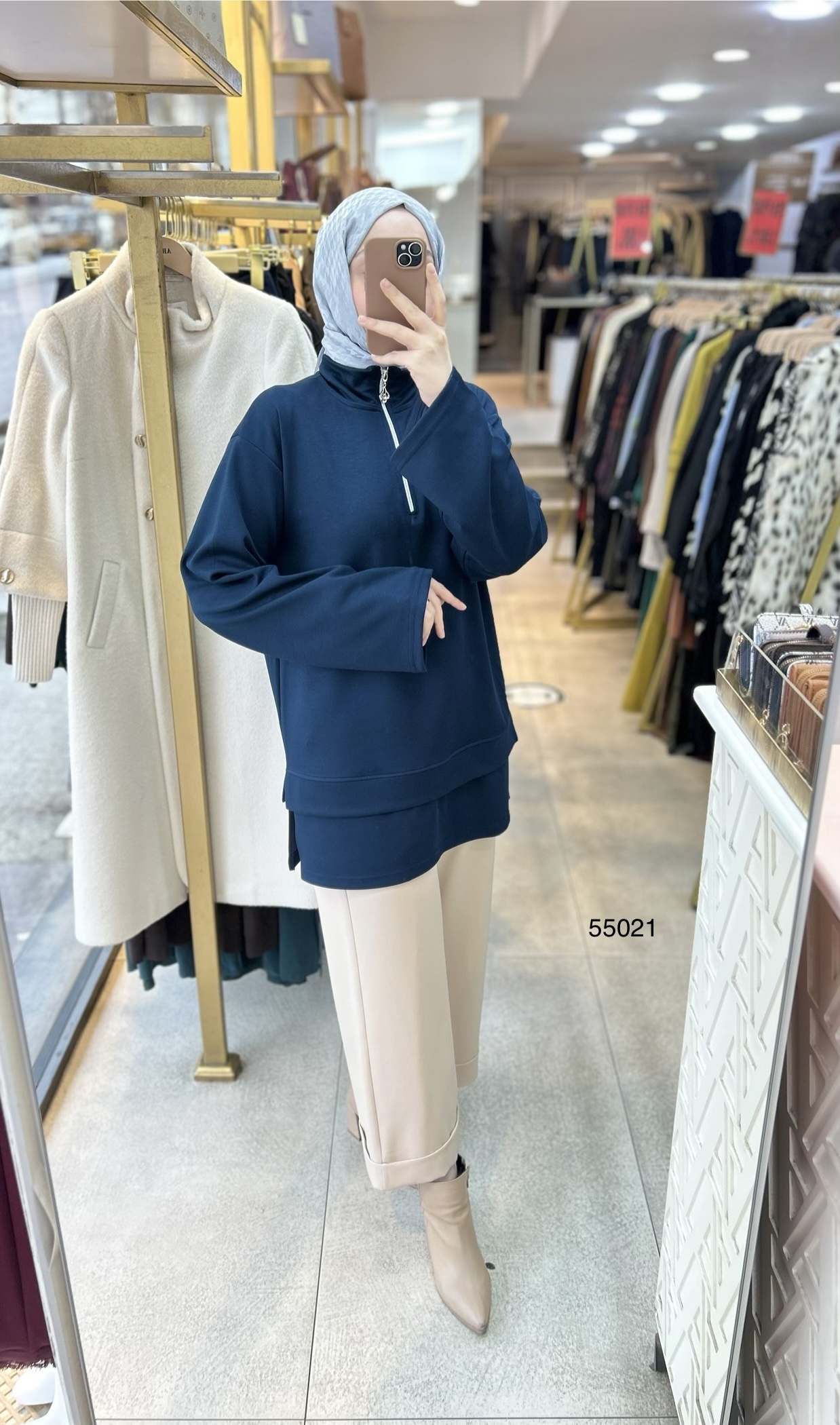 55021 Yarasa Kol Fermuar Detaylı Tunik