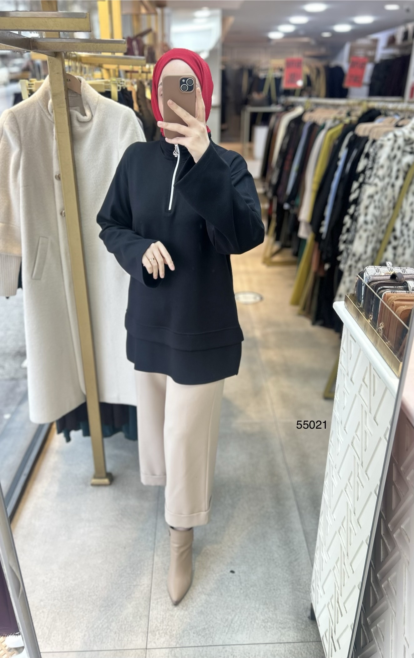 55021 Yarasa Kol Fermuar Detaylı Tunik