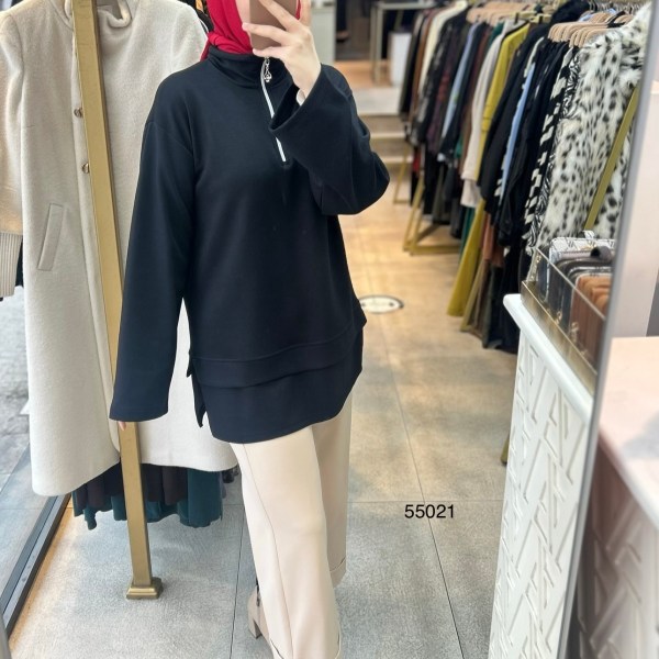 55021 Yarasa Kol Fermuar Detaylı Tunik - Görsel 13