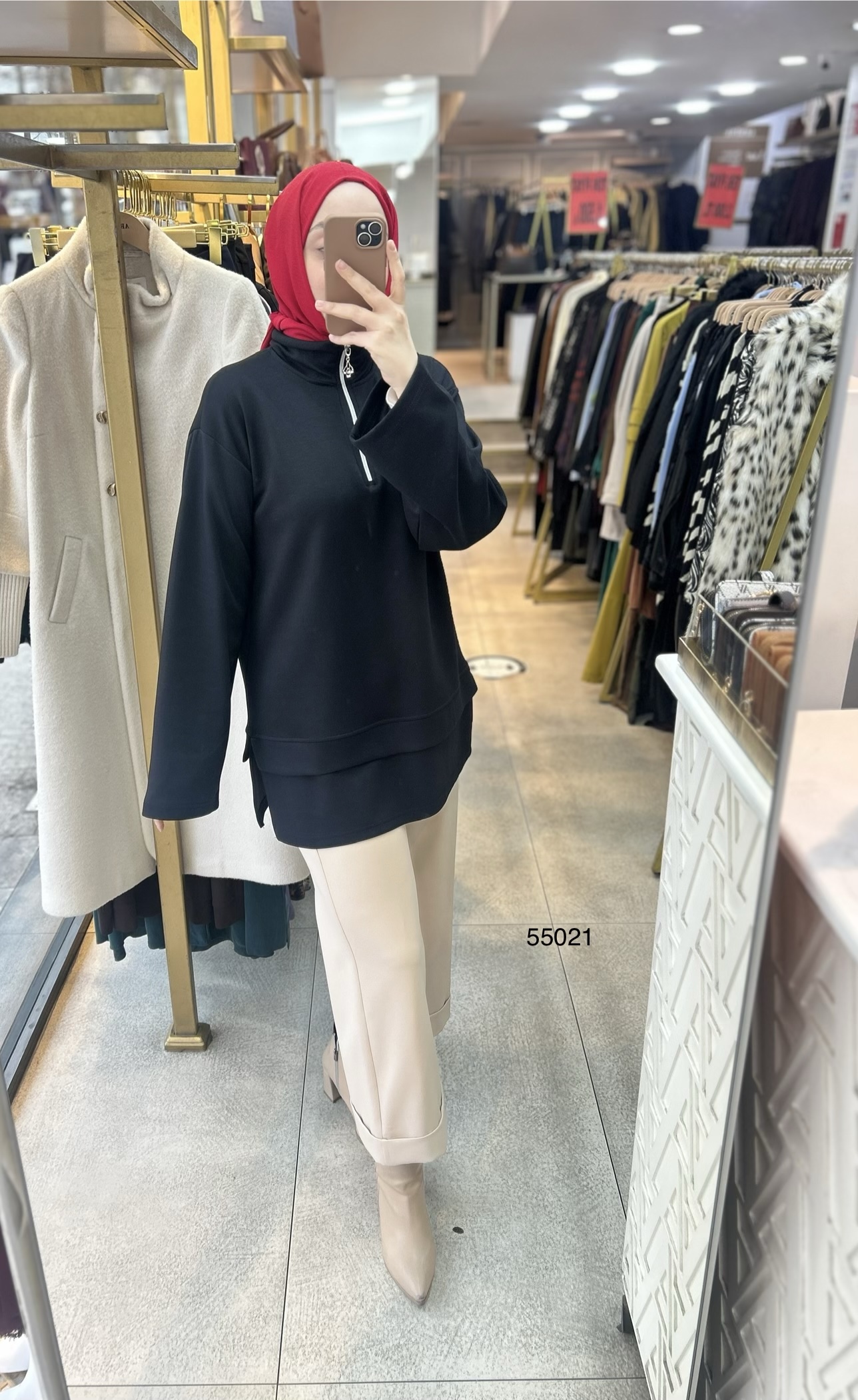 55021 Yarasa Kol Fermuar Detaylı Tunik