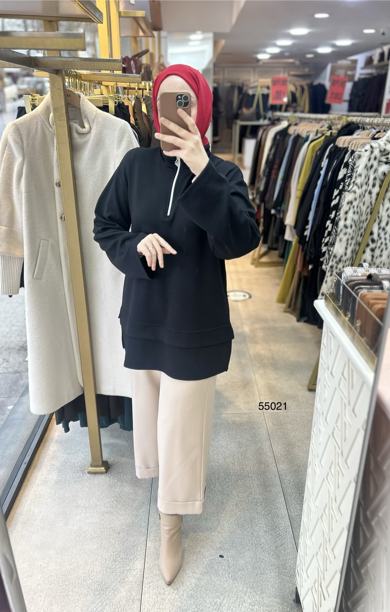 55021 Yarasa Kol Fermuar Detaylı Tunik