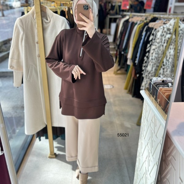 55021 Yarasa Kol Fermuar Detaylı Tunik - Görsel 1